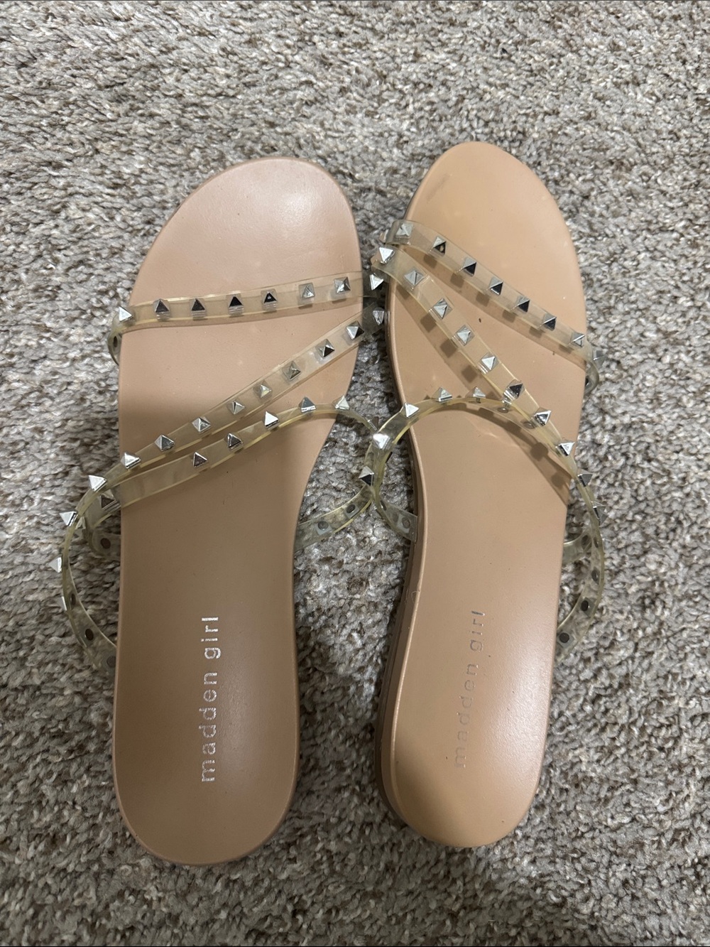 Madden Girl Nude Clear Pyramid Stud Slide Sandals